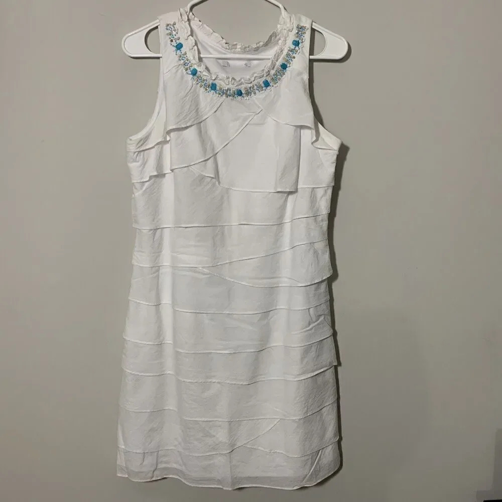 SL Fashion Sleeveless White Tiered‎ Ruffle Dress With Beaded Neckline Sz 6